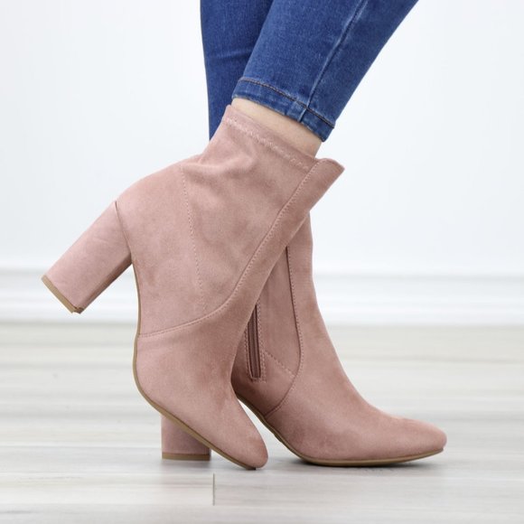 Shoes - Pointed Toe Pink Faux Suede Block High Heel Above Ankle Boots